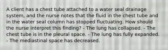 A client has a chest tube attached to a water seal drainage system, and the nurse notes that the fluid in the chest tube and in the water seal column has stopped fluctuating. How should the nurse interpret this finding? - The lung has collapsed. - The chest tube is in the pleural space. - The lung has fully expanded. - The mediastinal space has decreased.