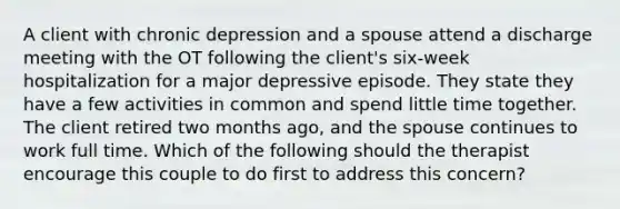 A client with chronic depression and a spouse attend a discharge meeting with the OT following the client's six-week hospitalization for a major depressive episode. They state they have a few activities in common and spend little time together. The client retired two months ago, and the spouse continues to work full time. Which of the following should the therapist encourage this couple to do first to address this concern?