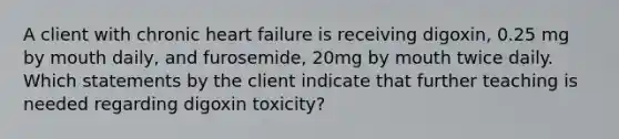 A client with chronic heart failure is receiving digoxin, 0.25 mg by mouth daily, and furosemide, 20mg by mouth twice daily. Which statements by the client indicate that further teaching is needed regarding digoxin toxicity?