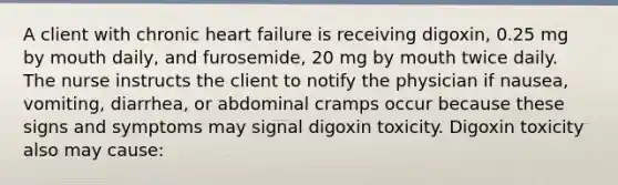 A client with chronic heart failure is receiving digoxin, 0.25 mg by mouth daily, and furosemide, 20 mg by mouth twice daily. The nurse instructs the client to notify the physician if nausea, vomiting, diarrhea, or abdominal cramps occur because these signs and symptoms may signal digoxin toxicity. Digoxin toxicity also may cause: