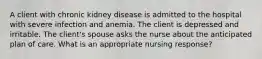 A client with chronic kidney disease is admitted to the hospital with severe infection and anemia. The client is depressed and irritable. The client's spouse asks the nurse about the anticipated plan of care. What is an appropriate nursing response?