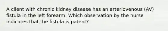 A client with chronic kidney disease has an arteriovenous (AV) fistula in the left forearm. Which observation by the nurse indicates that the fistula is patent?