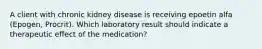 A client with chronic kidney disease is receiving epoetin alfa (Epogen, Procrit). Which laboratory result should indicate a therapeutic effect of the medication?