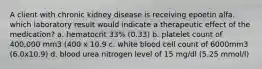 A client with chronic kidney disease is receiving epoetin alfa. which laboratory result would indicate a therapeutic effect of the medication? a. hematocrit 33% (0.33) b. platelet count of 400,000 mm3 (400 x 10.9 c. white blood cell count of 6000mm3 (6.0x10.9) d. blood urea nitrogen level of 15 mg/dl (5.25 mmol/l)