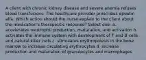 A client with chronic kidney disease and severe anemia refuses blood transfusions. The healthcare provider prescribes epoetin alfa. Which action should the nurse explain to the client about the medication's therapeutic response? Select one: a. accelerates neutrophil production, maturation, and activation b. activates the immune system with development of T and B cells and natural killer cells c. stimulates erythropoiesis in the bone marrow to increase circulating erythrocytes d. increase production and maturation of granulocytes and macrophages