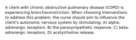 A client with chronic obstructive pulmonary disease (COPD) is experiencing bronchoconstriction. When choosing interventions to address this problem, the nurse should aim to influence the client's autonomic nervous system by stimulating: A) alpha-adrenergic receptors. B) the parasympathetic response. C) beta-adrenergic receptors. D) acetylcholine release.