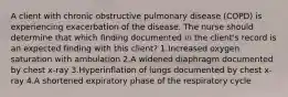 A client with chronic obstructive pulmonary disease (COPD) is experiencing exacerbation of the disease. The nurse should determine that which finding documented in the client's record is an expected finding with this client? 1.Increased oxygen saturation with ambulation 2.A widened diaphragm documented by chest x-ray 3.Hyperinflation of lungs documented by chest x-ray 4.A shortened expiratory phase of the respiratory cycle