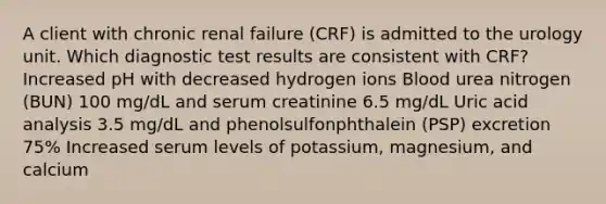 A client with chronic renal failure (CRF) is admitted to the urology unit. Which diagnostic test results are consistent with CRF? Increased pH with decreased hydrogen ions Blood urea nitrogen (BUN) 100 mg/dL and serum creatinine 6.5 mg/dL Uric acid analysis 3.5 mg/dL and phenolsulfonphthalein (PSP) excretion 75% Increased serum levels of potassium, magnesium, and calcium