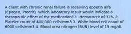 A client with chronic renal failure is receiving epoetin alfa (Epogen, Procrit). Which laboratory result would indicate a therapeutic effect of the medication? 1. Hematocrit of 32% 2. Platelet count of 400,000 cells/mm3 3. White blood cell count of 6000 cells/mm3 4. Blood urea nitrogen (BUN) level of 15 mg/dL