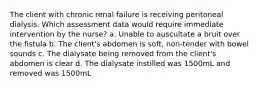 The client with chronic renal failure is receiving peritoneal dialysis. Which assessment data would require immediate intervention by the nurse? a. Unable to auscultate a bruit over the fistula b. The client's abdomen is soft, non-tender with bowel sounds c. The dialysate being removed from the client's abdomen is clear d. The dialysate instilled was 1500mL and removed was 1500mL