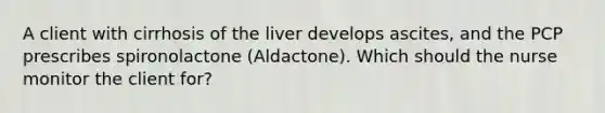 A client with cirrhosis of the liver develops ascites, and the PCP prescribes spironolactone (Aldactone). Which should the nurse monitor the client for?