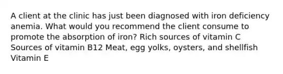 A client at the clinic has just been diagnosed with iron deficiency anemia. What would you recommend the client consume to promote the absorption of iron? Rich sources of vitamin C Sources of vitamin B12 Meat, egg yolks, oysters, and shellfish Vitamin E