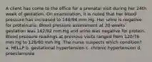 A client has come to the office for a prenatal visit during her 24th week of gestation. On examination, it is noted that her blood pressure has increased to 146/94 mm Hg. Her urine is negative for proteinuria. Blood pressure assessment at 20 weeks' gestation was 142/92 mm Hg and urine was negative for protein. Blood pressure readings at previous visits ranged from 120/76 mm Hg to 126/80 mm Hg. The nurse suspects which condition? a. HELLP b. gestational hypertension c. chronic hypertension d. preeclampsia