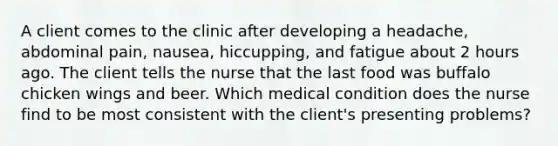 A client comes to the clinic after developing a headache, abdominal pain, nausea, hiccupping, and fatigue about 2 hours ago. The client tells the nurse that the last food was buffalo chicken wings and beer. Which medical condition does the nurse find to be most consistent with the client's presenting problems?