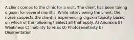 A client comes to the clinic for a visit. The client has been taking digoxin for several months. While interviewing the client, the nurse suspects the client is experiencing digoxin toxicity based on which of the following? Select all that apply. A) Anorexia B) Weakness C) Inability to relax D) Photosensitivity E) Disorientation