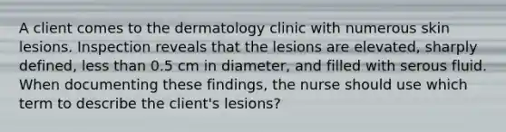 A client comes to the dermatology clinic with numerous skin lesions. Inspection reveals that the lesions are elevated, sharply defined, less than 0.5 cm in diameter, and filled with serous fluid. When documenting these findings, the nurse should use which term to describe the client's lesions?