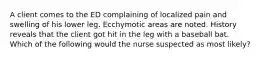 A client comes to the ED complaining of localized pain and swelling of his lower leg. Ecchymotic areas are noted. History reveals that the client got hit in the leg with a baseball bat. Which of the following would the nurse suspected as most likely?