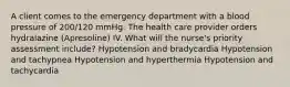 A client comes to the emergency department with a blood pressure of​ 200/120 mmHg. The health care provider orders hydralazine​ (Apresoline) IV. What will the​ nurse's priority assessment​ include? Hypotension and bradycardia Hypotension and tachypnea Hypotension and hyperthermia Hypotension and tachycardia