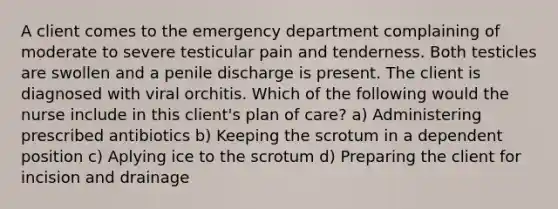 A client comes to the emergency department complaining of moderate to severe testicular pain and tenderness. Both testicles are swollen and a penile discharge is present. The client is diagnosed with viral orchitis. Which of the following would the nurse include in this client's plan of care? a) Administering prescribed antibiotics b) Keeping the scrotum in a dependent position c) Aplying ice to the scrotum d) Preparing the client for incision and drainage