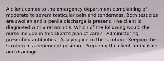 A client comes to the emergency department complaining of moderate to severe testicular pain and tenderness. Both testicles are swollen and a penile discharge is present. The client is diagnosed with viral orchitis. Which of the following would the nurse include in this client's plan of care? · Administering prescribed antibiotics · Applying ice to the scrotum · Keeping the scrotum in a dependent position · Preparing the client for incision and drainage