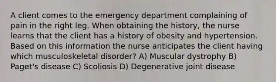 A client comes to the emergency department complaining of pain in the right leg. When obtaining the history, the nurse learns that the client has a history of obesity and hypertension. Based on this information the nurse anticipates the client having which musculoskeletal disorder? A) Muscular dystrophy B) Paget's disease C) Scoliosis D) Degenerative joint disease