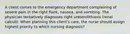 A client comes to the emergency department complaining of severe pain in the right flank, nausea, and vomiting. The physician tentatively diagnoses right ureterolithiasis (renal calculi). When planning this client's care, the nurse should assign highest priority to which nursing diagnosis?