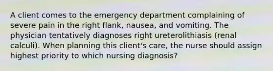 A client comes to the emergency department complaining of severe pain in the right flank, nausea, and vomiting. The physician tentatively diagnoses right ureterolithiasis (renal calculi). When planning this client's care, the nurse should assign highest priority to which nursing diagnosis?