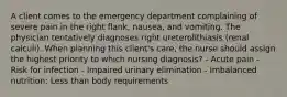 A client comes to the emergency department complaining of severe pain in the right flank, nausea, and vomiting. The physician tentatively diagnoses right ureterolithiasis (renal calculi). When planning this client's care, the nurse should assign the highest priority to which nursing diagnosis? - Acute pain - Risk for infection - Impaired urinary elimination - Imbalanced nutrition: Less than body requirements