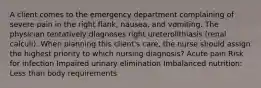 A client comes to the emergency department complaining of severe pain in the right flank, nausea, and vomiting. The physician tentatively diagnoses right ureterolithiasis (renal calculi). When planning this client's care, the nurse should assign the highest priority to which nursing diagnosis? Acute pain Risk for infection Impaired urinary elimination Imbalanced nutrition: Less than body requirements