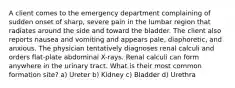 A client comes to the emergency department complaining of sudden onset of sharp, severe pain in the lumbar region that radiates around the side and toward the bladder. The client also reports nausea and vomiting and appears pale, diaphoretic, and anxious. The physician tentatively diagnoses renal calculi and orders flat-plate abdominal X-rays. Renal calculi can form anywhere in the urinary tract. What is their most common formation site? a) Ureter b) Kidney c) Bladder d) Urethra