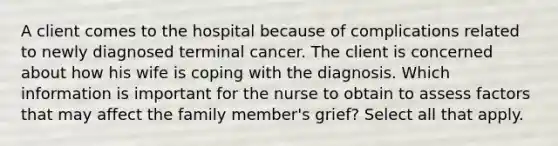 A client comes to the hospital because of complications related to newly diagnosed terminal cancer. The client is concerned about how his wife is coping with the diagnosis. Which information is important for the nurse to obtain to assess factors that may affect the family member's grief? Select all that apply.