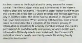 A client comes to the hospital and is being treated for breast cancer. The client's sister visits and is interested in her sister's history after she left home. The client's sister doesn't know much the client's life in the last 10 years because she moved away to a city in another state. The client had an abortion in the past and has never told anyone. When working with families, what ethical issue can best describe a violation of the client's privacy if information is presented to a family member without the client's permission? A) confidentiality and privacy of one's health care information B) family needs over individual client's needs C) individual client's needs over family needs D) adding family stressors to situation