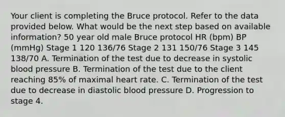 Your client is completing the Bruce protocol. Refer to the data provided below. What would be the next step based on available information? 50 year old male Bruce protocol HR (bpm) BP (mmHg) Stage 1 120 136/76 Stage 2 131 150/76 Stage 3 145 138/70 A. Termination of the test due to decrease in systolic blood pressure B. Termination of the test due to the client reaching 85% of maximal heart rate. C. Termination of the test due to decrease in diastolic blood pressure D. Progression to stage 4.