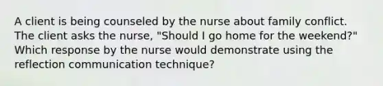 A client is being counseled by the nurse about family conflict. The client asks the nurse, "Should I go home for the weekend?" Which response by the nurse would demonstrate using the reflection communication technique?