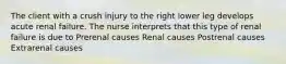 The client with a crush injury to the right lower leg develops acute renal failure. The nurse interprets that this type of renal failure is due to Prerenal causes Renal causes Postrenal causes Extrarenal causes