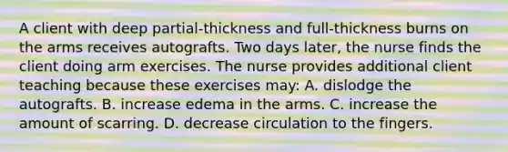 A client with deep partial-thickness and full-thickness burns on the arms receives autografts. Two days later, the nurse finds the client doing arm exercises. The nurse provides additional client teaching because these exercises may: A. dislodge the autografts. B. increase edema in the arms. C. increase the amount of scarring. D. decrease circulation to the fingers.