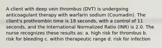 A client with deep vein thrombus (DVT) is undergoing anticoagulant therapy with warfarin sodium (Coumadin). The client's prothrombin time is 18 seconds, with a control of 11 seconds, and the International Normalized Ratio (INR) is 2.0. The nurse recognizes these results as: a. high risk for thrombus b. risk for bleeding c. within therapeutic range d. risk for infection