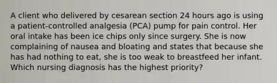 A client who delivered by cesarean section 24 hours ago is using a patient-controlled analgesia (PCA) pump for pain control. Her oral intake has been ice chips only since surgery. She is now complaining of nausea and bloating and states that because she has had nothing to eat, she is too weak to breastfeed her infant. Which nursing diagnosis has the highest priority?