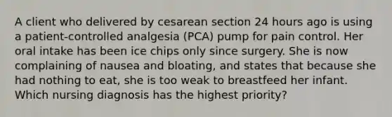 A client who delivered by cesarean section 24 hours ago is using a patient-controlled analgesia (PCA) pump for pain control. Her oral intake has been ice chips only since surgery. She is now complaining of nausea and bloating, and states that because she had nothing to eat, she is too weak to breastfeed her infant. Which nursing diagnosis has the highest priority?