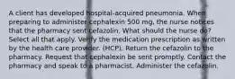 A client has developed hospital-acquired pneumonia. When preparing to administer cephalexin 500 mg, the nurse notices that the pharmacy sent cefazolin. What should the nurse do? Select all that apply. Verify the medication prescription as written by the health care provider. (HCP). Return the cefazolin to the pharmacy. Request that cephalexin be sent promptly. Contact the pharmacy and speak to a pharmacist. Administer the cefazolin.