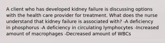 A client who has developed kidney failure is discussing options with the health care provider for treatment. What does the nurse understand that kidney failure is associated with? -A deficiency in phosphorus -A deficiency in circulating lymphocytes -Increased amount of macrophages -Decreased amount of WBCs