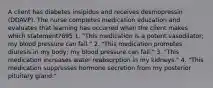 A client has diabetes insipidus and receives desmopressin (DDAVP). The nurse completes medication education and evaluates that learning has occurred when the client makes which statement?695 1. "This medication is a potent vasodilator; my blood pressure can fall." 2. "This medication promotes diuresis in my body; my blood pressure can fall." 3. "This medication increases water reabsorption in my kidneys." 4. "This medication suppresses hormone secretion from my posterior pituitary gland."