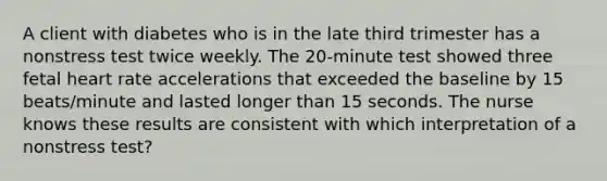 A client with diabetes who is in the late third trimester has a nonstress test twice weekly. The 20-minute test showed three fetal heart rate accelerations that exceeded the baseline by 15 beats/minute and lasted longer than 15 seconds. The nurse knows these results are consistent with which interpretation of a nonstress test?