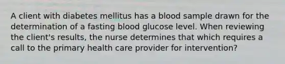 A client with diabetes mellitus has a blood sample drawn for the determination of a fasting blood glucose level. When reviewing the client's results, the nurse determines that which requires a call to the primary health care provider for intervention?