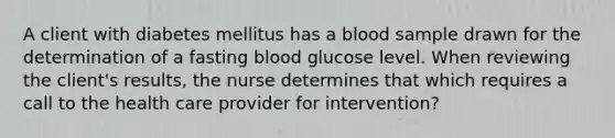 A client with diabetes mellitus has a blood sample drawn for the determination of a fasting blood glucose level. When reviewing the client's results, the nurse determines that which requires a call to the health care provider for intervention?