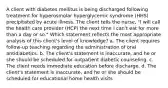 A client with diabetes mellitus is being discharged following treatment for hyperosmolar hyperglycemic syndrome (HHS) precipitated by acute illness. The client tells the nurse, "I will call the health care provider (HCP) the next time I can't eat for more than a day or so." Which statement reflects the most appropriate analysis of this client's level of knowledge? a. The client requires follow-up teaching regarding the administration of oral antidiabetics. b. The client's statement is inaccurate, and he or she should be scheduled for outpatient diabetic counseling. c. The client needs immediate education before discharge. d. The client's statement is inaccurate, and he or she should be scheduled for educational home health visits.