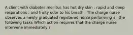 A client with diabetes mellitus has hot dry skin ; rapid and deep respirations ; and fruity odor to his breath . The charge nurse observes a newly graduated registered nurse performing all the following tasks Which action requires that the charge nurse intervene immediately ?