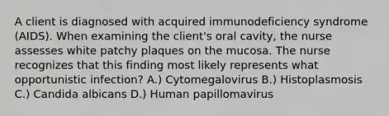 A client is diagnosed with acquired immunodeficiency syndrome (AIDS). When examining the client's oral cavity, the nurse assesses white patchy plaques on the mucosa. The nurse recognizes that this finding most likely represents what opportunistic infection? A.) Cytomegalovirus B.) Histoplasmosis C.) Candida albicans D.) Human papillomavirus