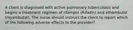 A client is diagnosed with active pulmonary tuberculosis and begins a treatment regimen of rifampin (Rifadin) and ethambutol (myambutol). The nurse should instruct the client to report which of the following adverse effects to the provider?