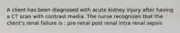 A client has been diagnosed with acute kidney injury after having a CT scan with contrast media. The nurse recognizes that the client's renal failure is : pre-renal post renal intra renal sepsis